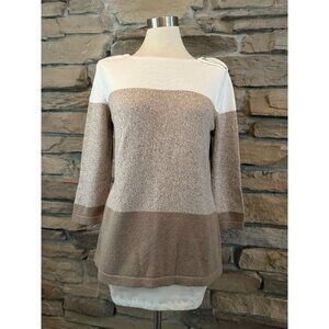 Karen Scott Women’s Color Block Sweater Medium Beige White Cotton 3/4 Sleeve